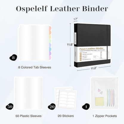 Ospelelf Leather Binder with 58 Plastic Sleeves, 3 Ring Presentation Binder for 8.5x11, Portfolio Organizer with 8 Tabbed Sleeves & Zipper Pocket for Documeents, Artwork, Certificates Black