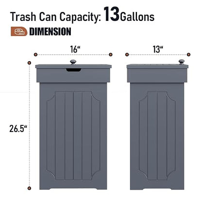 Function Home Trash Can Cabinet, 13 Gallon Kitchen Garbage Can, Wood Recycling Trash Bin, Freestanding Dog Proof Trash Can, Farmhouse Trash Cabinet with Lid for Home Kitchen Bathroom, Grey