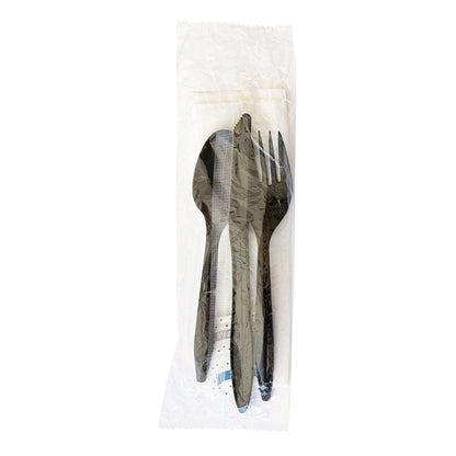Boardwalk Disposable Plastic Cutlery Set, Six Piece Silverware Kit, Case of 250 Fork Knife Spoon Napkin Salt & Pepper, Polystyrene, Black, Individually Wrapped