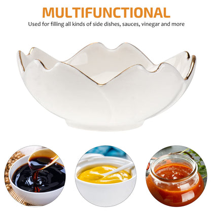 Cabilock Ceramic Dipping Bowls 2 Pcs White Porcelain Flower Sauce Dish 2.75 Inch Condiment Plate for Kitchen Bbq Soy Sauce Vinegar