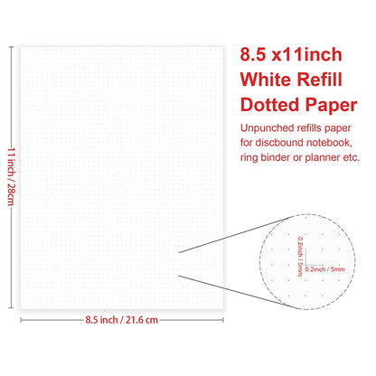 Letter Size Unpunched Dotted Refill Paper, Loose Leaf Filler Paper for Ring Binder/Disc Notebook Planner Inserts, 100gsm Dot Grid White Paper, 100Sheets/200Pages, 8.5'' x 11''