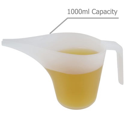 EIKS Plastic Funnel Pitcher Measuring Cup with Long Spout for Filling Muffin Pans, Baking Molds, Salt Shakers, Pancake Batter, Watering Plants(4-Pack 1000ml)