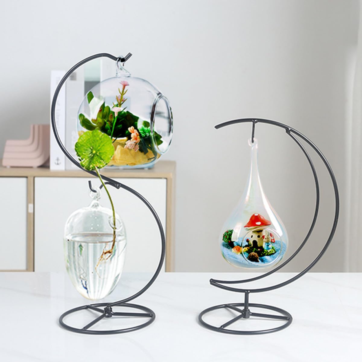 EPIGEIST Moon-shaped Iron Ornament Display Stand for Hanging Terrariums and Plant Pots Compact Desktop Decor Holder with Pendulum Style Contemporary Transparent Globe Display for Home