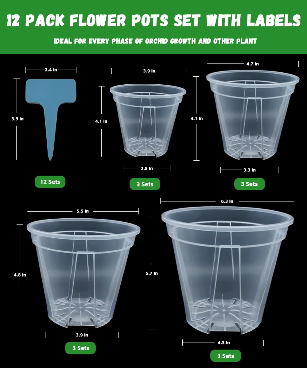 Slotted Clear Nursery pots - 3 Each of 3.9“,4.7“,5.5“,6.3" for Indoor & Outdoor Plants,Sturdy Plastic Planters, Nursery Pots with Drainage Holes for Repotting with 12 Plant Labels and 1 Marker