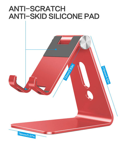 OMOTON Adjustable Cell Phone Stand, C2 Aluminum Desktop Phone Holder Dock Compatible with iPhone 15 14 13 Xs XR 8 Plus 7 6, Samsung Galaxy, Google Pixel, Android Phones, Red