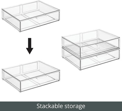mDesign Wide Plastic Stackable Bathroom Storage Organizer Bin with Pull Out Drawer for Cabinet, Vanity, Shelf, Cupboard, Cabinet, Countertop, Closet Organization - Lumiere Collection - 2 Pack - Clear