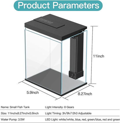 Betta Fish Tank, 2 Gallon Glass Aquarium Starter Kit, Small Fish Tank with Filter and Light.(Black)