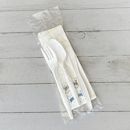 Boardwalk Three-Piece Disposable Cutlery Kit, 250 Count, Fork/Knife/Spoon/Napkin, Salt & Pepper, Medium Weight, Plastic, White, Individually Wrapped