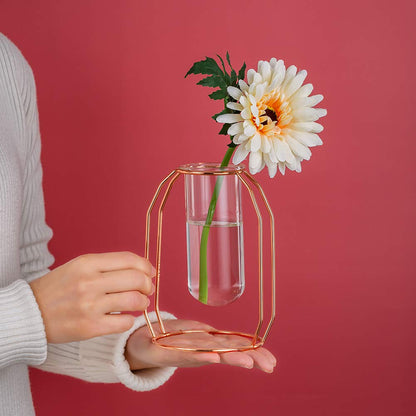Vases Set of 2 Glass Vases with Metal Frame, Modern Rose Gold Frame Cylinder Clear Vase Planter Terrariums, Flower Holder Decorations for Wedding Living Room, Office, Party (Rose Gold, S+L)