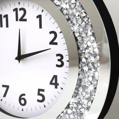 DMDFIRST Acrylic Glass Diamond Decor Round Clock, 15.7x15.7x1.7 Inches Silver Glass Round Decorative Clock, Silent Quartz Movement (No Second Hand), Modern Sparkle Home Decor (AA Battery Not Included)