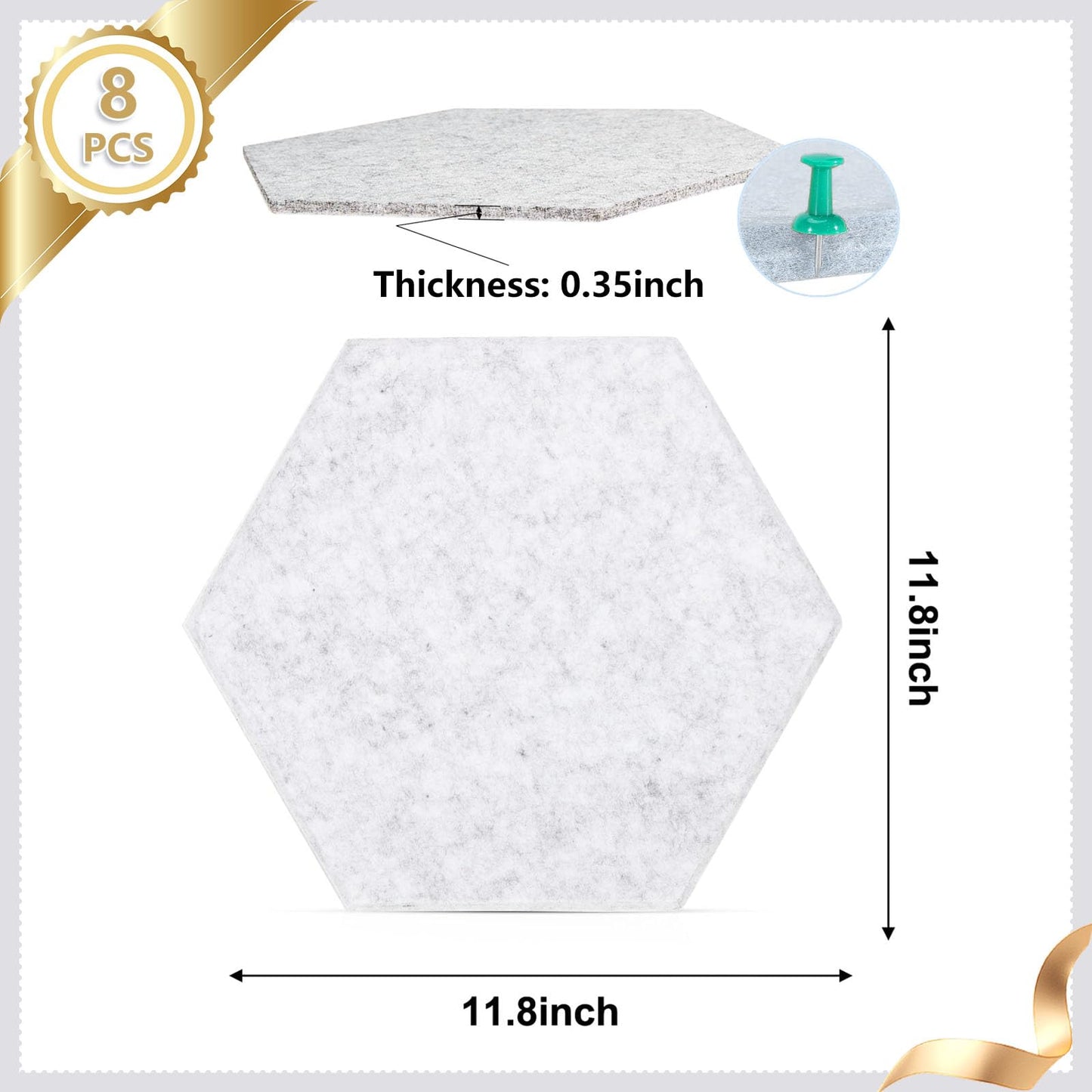 8 Packs Hexagon Felt Pin Board, 12" Bulletin Board with 30 Push Pins, Felt Board for Home Kitchen Office Decor, Self-Adhesive Corkboard Tiles for Walls School Message Photos Memos-Gray