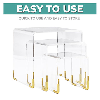 pbf Acrylic Display Risers w/ Gold Accents | 3 Tier Perfume Stand Organizer | Clear Acrylic Shelf Riser | Layered, Tiered Acrylic Display Stands for Collectibles, Fragrance Holder, Skincare Stand