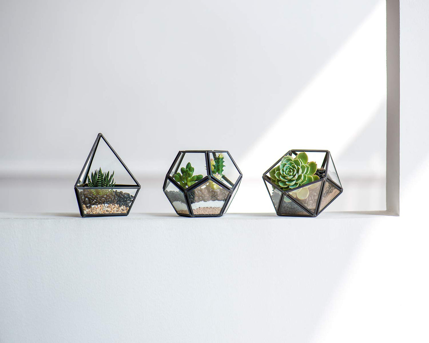 Mkono Artificial Succulent in 3 Pack Mini Glass Geometric Terrarium, Miniature Potted Faux Plant Bookshelf Desk Boho Office Room Decor for Women Girls Dorm Gift Idea, Black