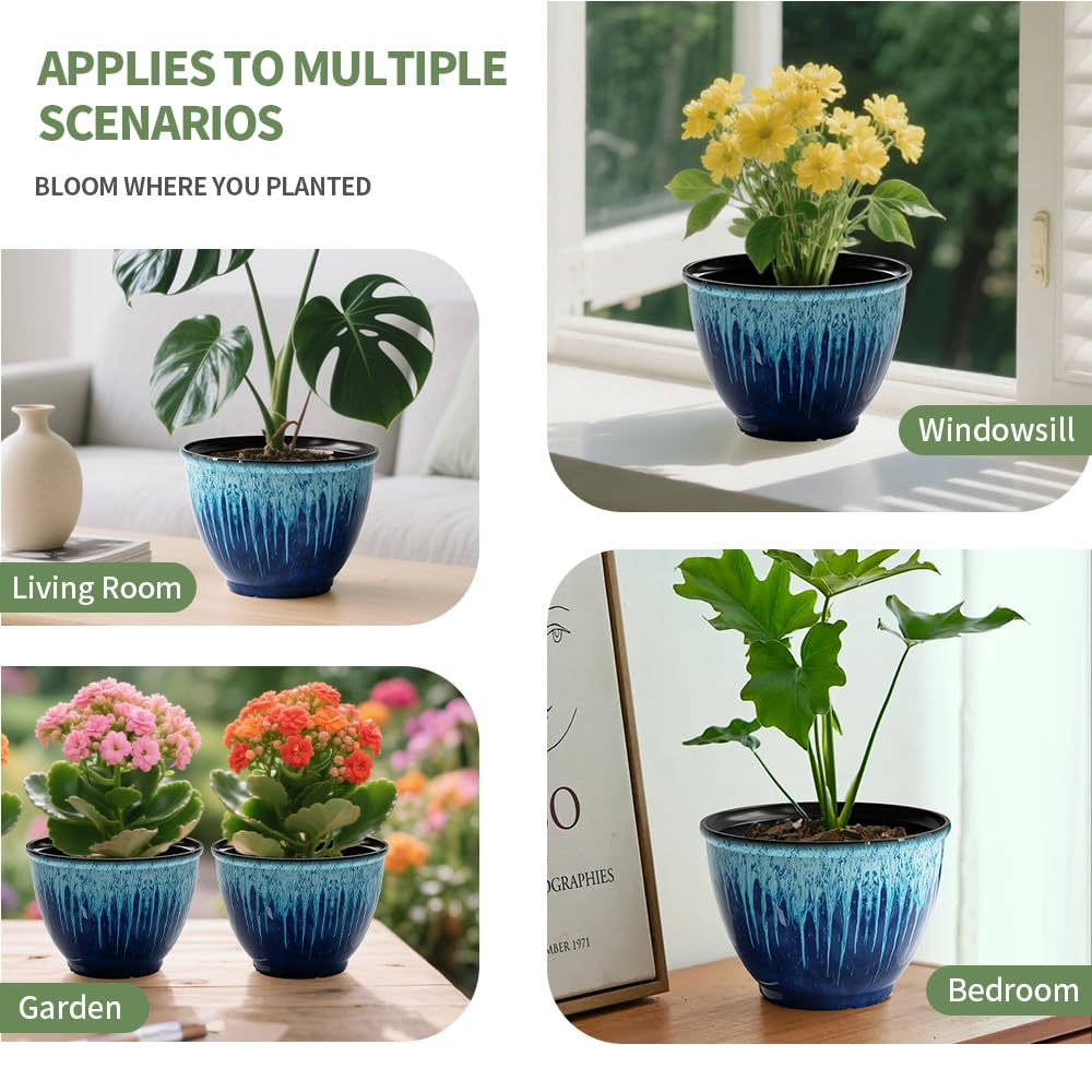 Flower Pots, 8 Inch Plastic Plant Pots for Plants, Set of 4 Planter for Indoor Outdoor Plants with Drainage Hole, Sleek Small Nursery Planting Pot for Home Garden Outdoor Planters(Blue Glaze)