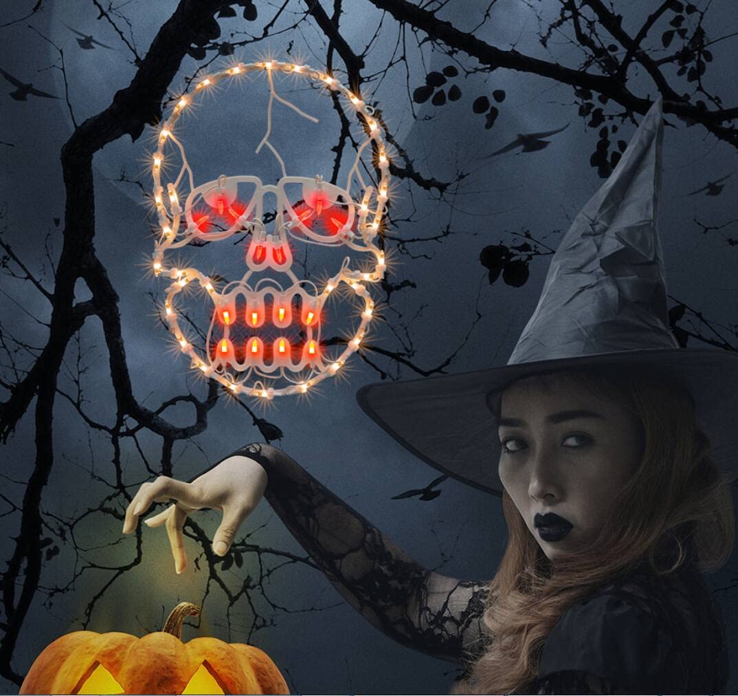 JUSTPRO 13.3" Lighted Skull Halloween Window Silhouette Decoration,Halloween Lighted Window Decoration,Hanging Light Up Holiday Ornament (Skull Light)