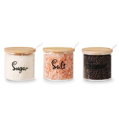 HAOTOP Clear Glass Sugar Pepper and Salt Bowls with Serving Spoon and Lid, Farmhouse Kitchen Countertop Canisters, Container Jar Dispenser Holder for Home Kitchen,12 oz