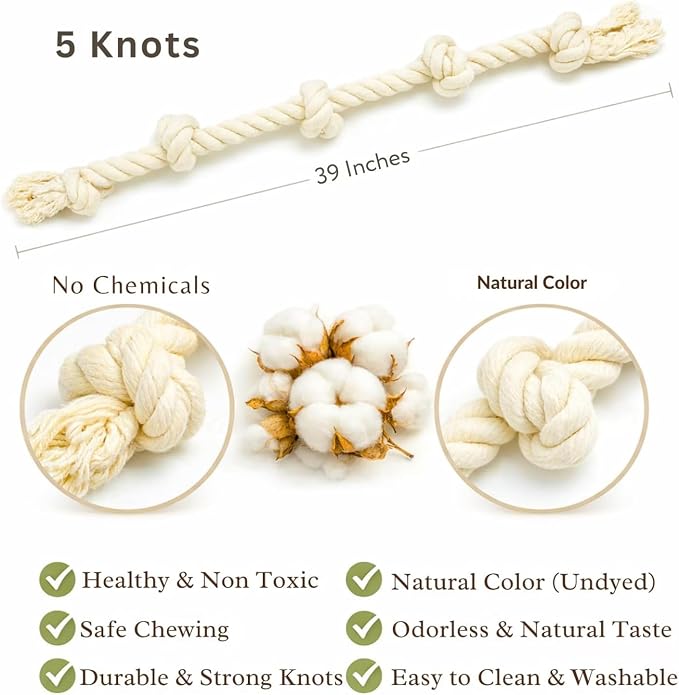 Dog Rope Toys for Large/Medium Aggressive Chewers, Tough Cotton Chew Toy, 39 Inch 5 Knots Indestructible, Tug of War Dog Pull Rope Teeth Cleaning (5 Knots (Pack of 2))