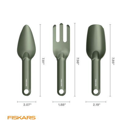 Fiskars 3-Piece Plant Cultivating Tool Set, Nesting Trowel, Soil Scoop & Cultivator for Indoor Gardening, Stainless Steel with Green Powder Coat Finish, Space Saving Design for Repotting Houseplants