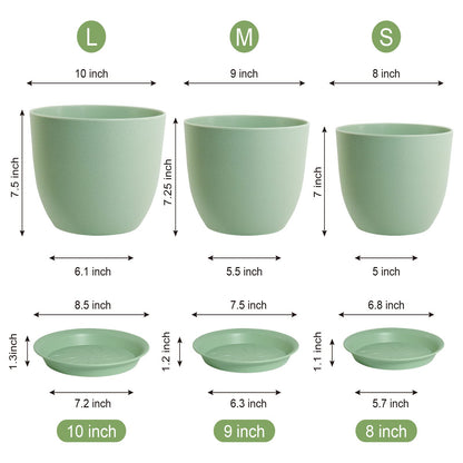 WOUSIWER Plant Pots 10/9/8 inch, Set of 3 Modern Decorative Plastic Planters with Drainage Holes and Saucers for House Plants Indoor Flowers Plants, Green