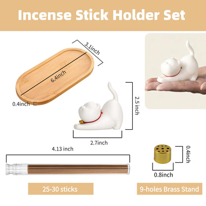 Cute Ceramic Cat Incense Holder Set with Bamboo Ash Tray and Sticks, Handmade Cat Incense Burner Incense Holder for Sticks for Yoga Spa Meditation Massage Home Office Desk Decor Zen Space Gifts