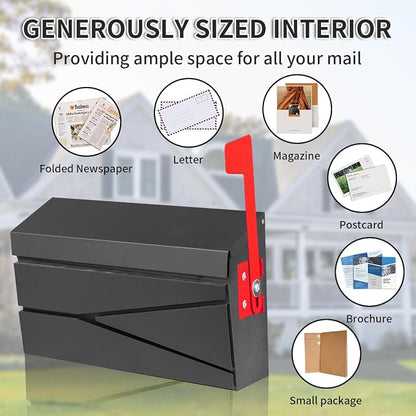 Ydocabinit Wall Mount Mailbox, Large Capacity Mailbox for House, with Flag Kit, Galvanized Steel Rust-Proof Metal Post Drop Box, Mailboxes for Outside, 15.74"×9.84"×4.33", Black Modern Sleek Style
