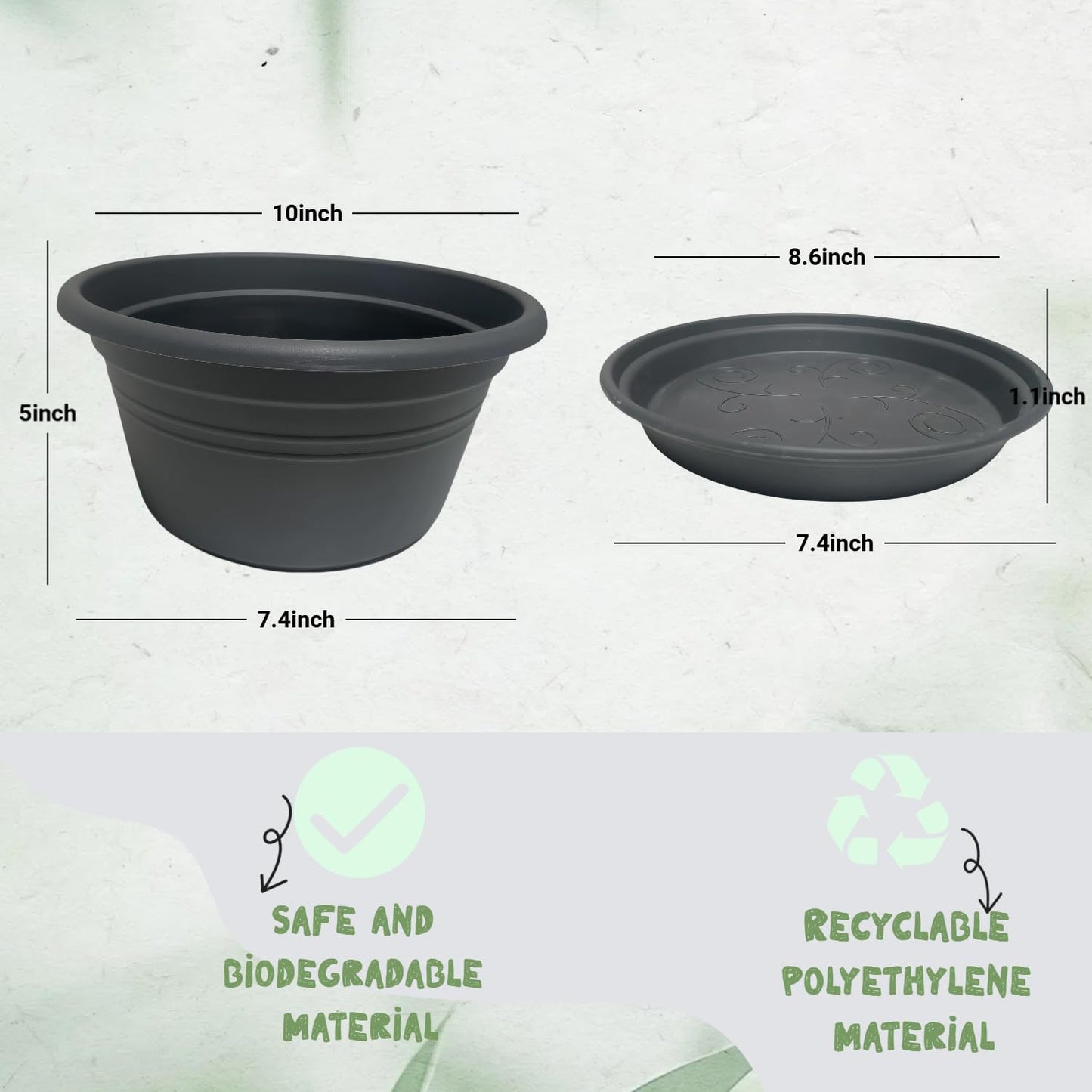 WXQLSZX 6 Pack 10 Inch Round Plastic Plant Pots with Saucers, Pot with Drainage Holes and Tray, Outdoor Pots for Plants with Decoration Flower Pots for Indoor Plants Home Garden Outdoor (Dark Gray)