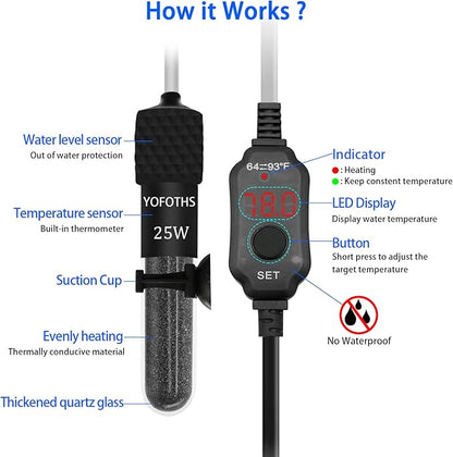 YOFOTHS Adjustable Mini Aquarium Heater3-5 Gallons Submersible Small Fish Tank Heater 25W Digital Display Thermostat External Temperature Controller (25W)