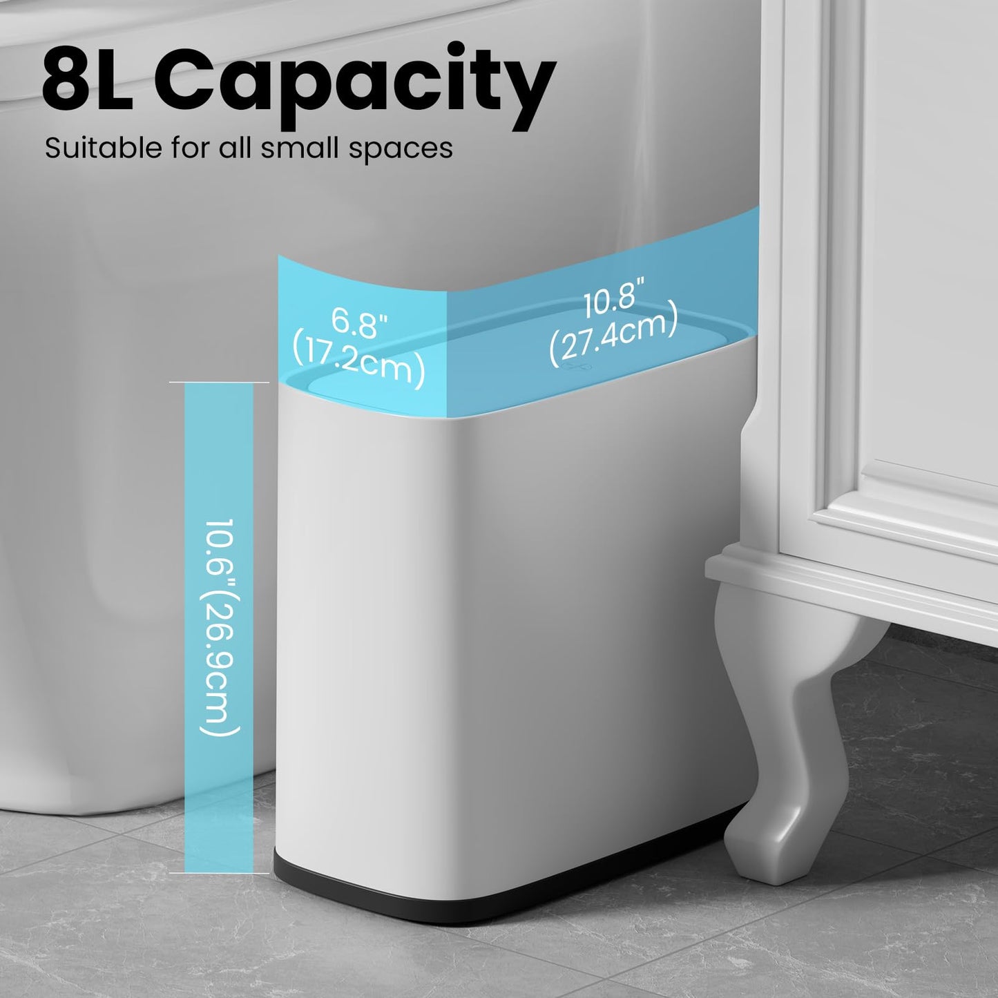 Bathroom Trash Can, 2.1 Gallon Small Slim Garbage Can with Lid and Wheels, Air-Press Bag Expander & Inner Bucket, White Plastic Waste Basket Dog Proof for Kitchen, Office, Bedroom, Garbage Trash Bin