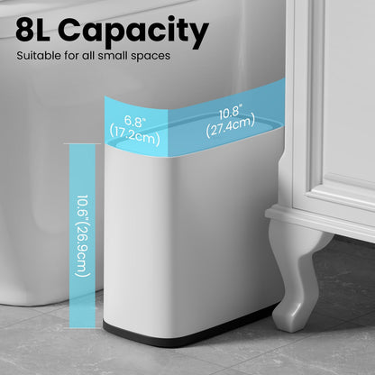 Bathroom Trash Can, 2.1 Gallon Small Slim Garbage Can with Lid and Wheels, Air-Press Bag Expander & Inner Bucket, White Plastic Waste Basket Dog Proof for Kitchen, Office, Bedroom, Garbage Trash Bin