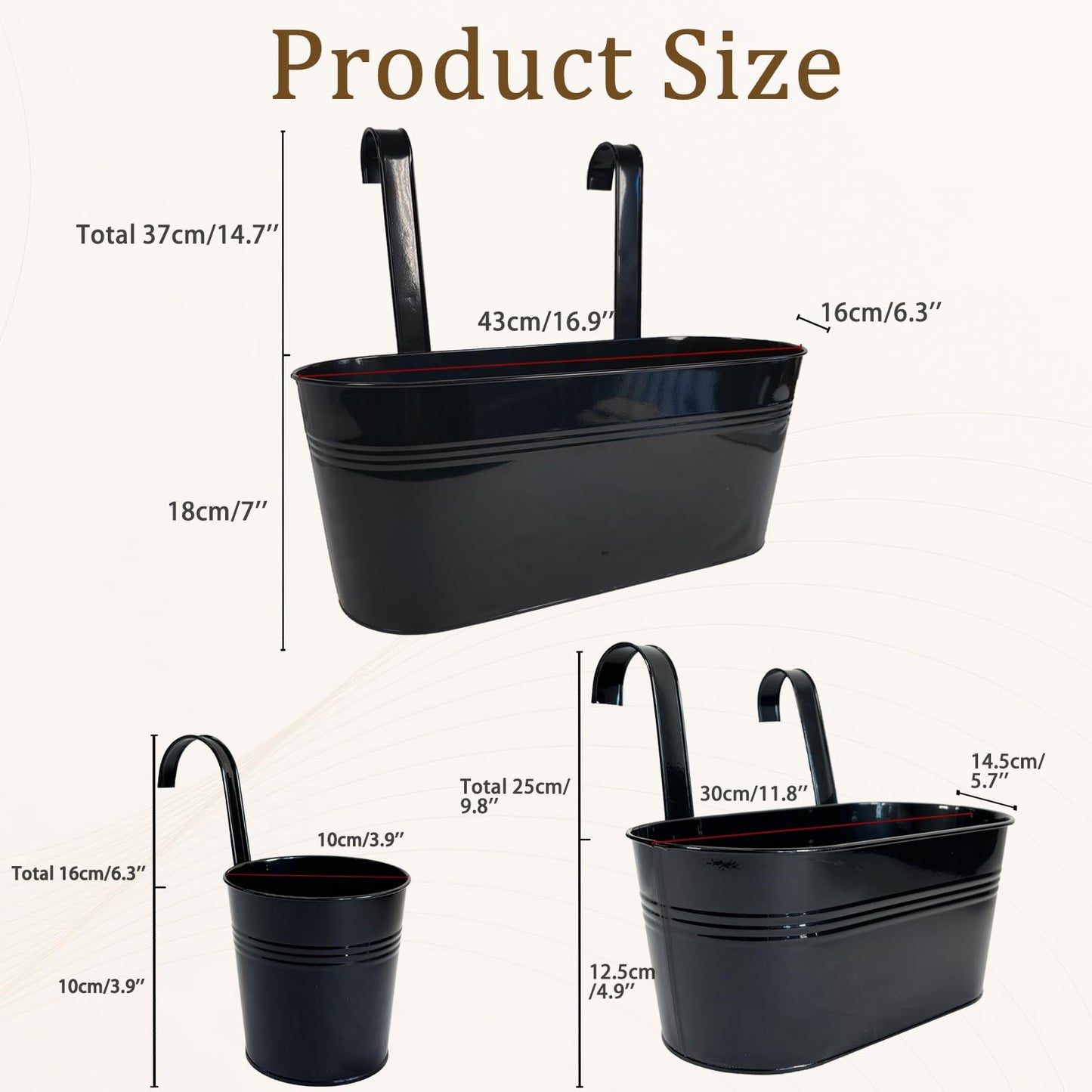 Joyfernal Set of 12 Balcony Hanging Planters, 4 Pcs 17" Metal Railing Flower Pots & 4 Pcs 12" Deck Planter & 4 Pcs 4" Fence Pot for Outdoor Patio Garden Décor, Black