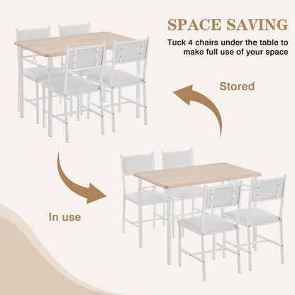 VECELO Dining Table Set for 4 with Chairs, 5-Piece Kitchen Table and Upholstered Padded Chairs Set for Small Space, Dining Room, Apartment, Natural White