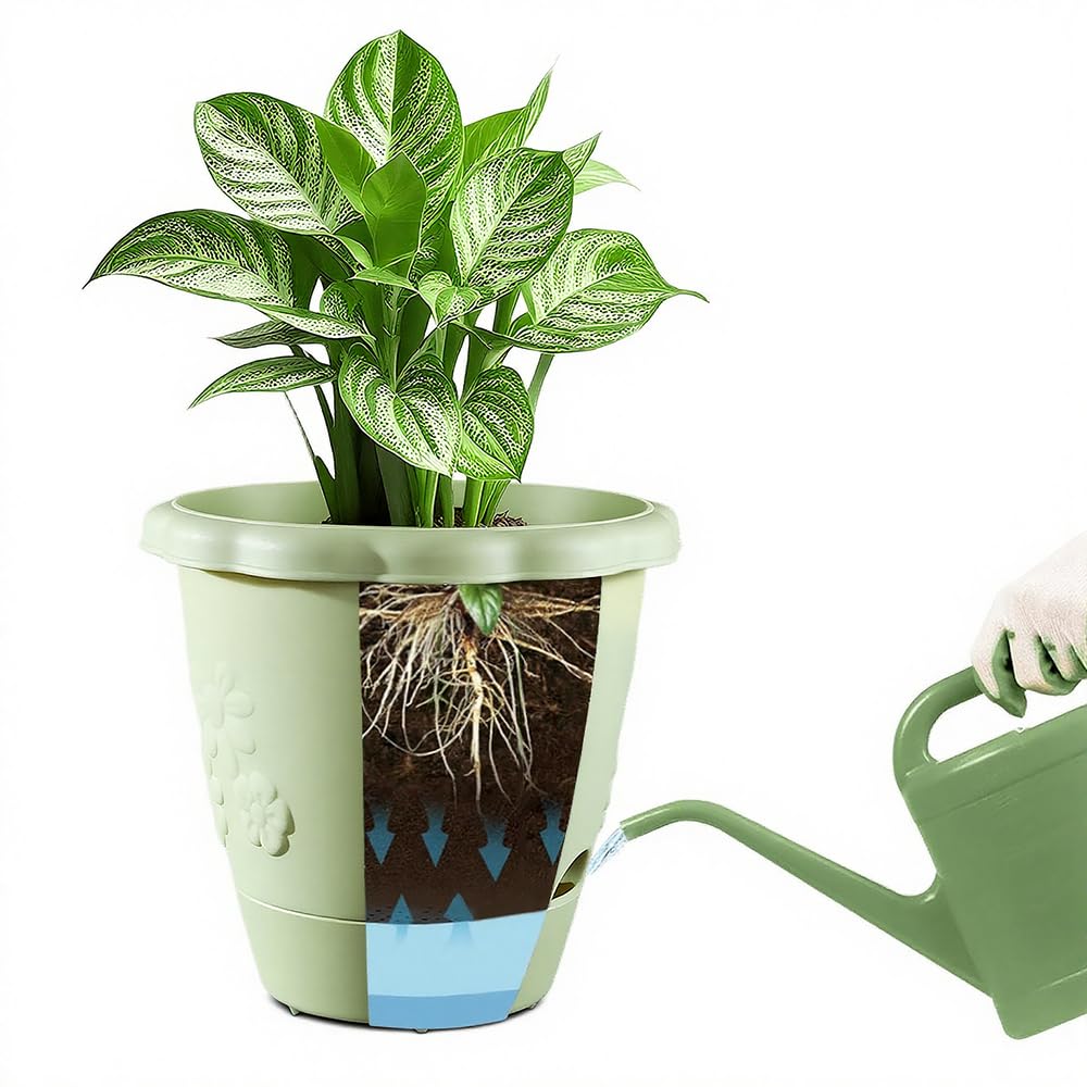 ULIKEIT 8 Inch Self Watering Pots for Indoor Plants, Set of 4 Plastic Planters with Drainage Holes and Saucers, Outdoor Flower Pots Home Garden Modern Decor (White)