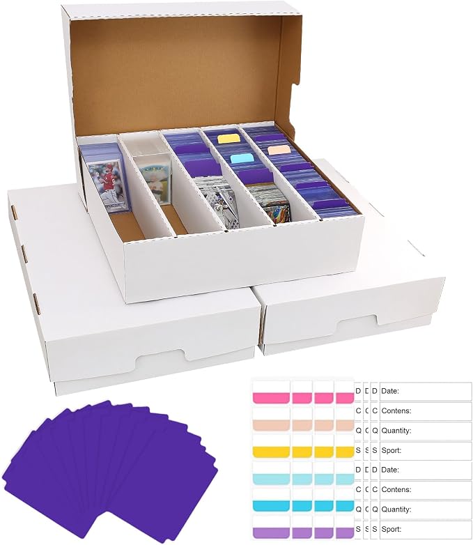 Trading Card Storage Box 5 Row Holds 3950-count,3 Pack Cardboard Storage Box with 24Divider+36 Index Label,Trading Card Dividers for Tcg,Sports,Mtg Cards (3 Pack-Large)