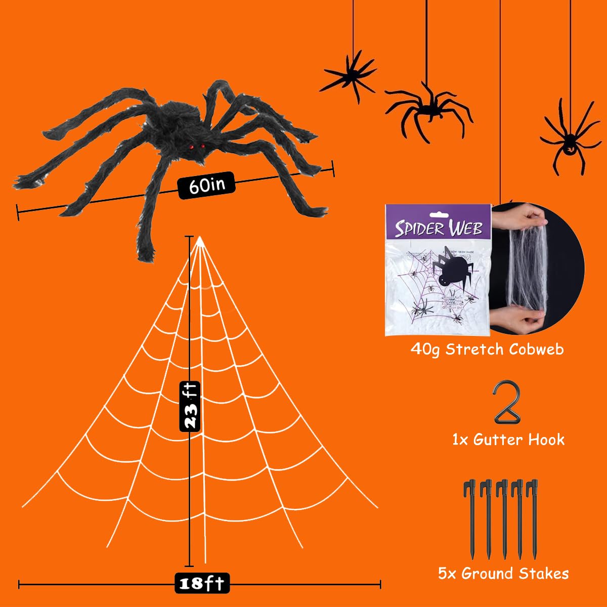 3in1 Halloween Decorations 5ft Giant Spiders 200" White Spider Web Haunted House Outdoor Wall Decor for Halloween Props (Giant Triangular Spider Web+Black Fake Spider+Stretchable Cobwebs)