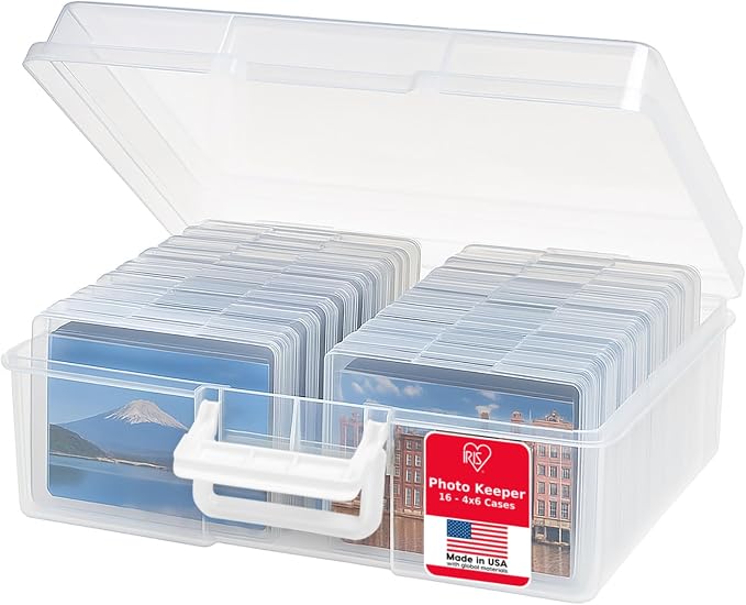 IRIS USA 4" x 6" |Made in USA| Photo Organizers and Picture Storage Box with Handle, 16 Inner Cases/Containers for Tasks, Stickers, Ephemera, & Flashcards - Clear