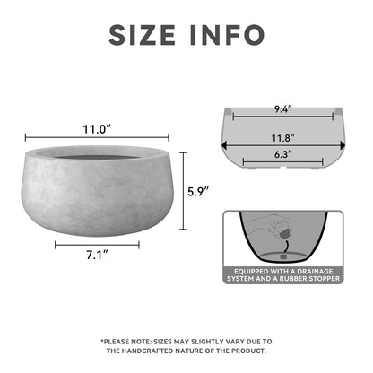 Kante 11.8" Dia Round Concrete Planter, Cement Plant Pots with Drainage Hole and Rubber Plug for Outdoor Indoor Garden Home, Modern Curvaceous Design, Natural Concrete