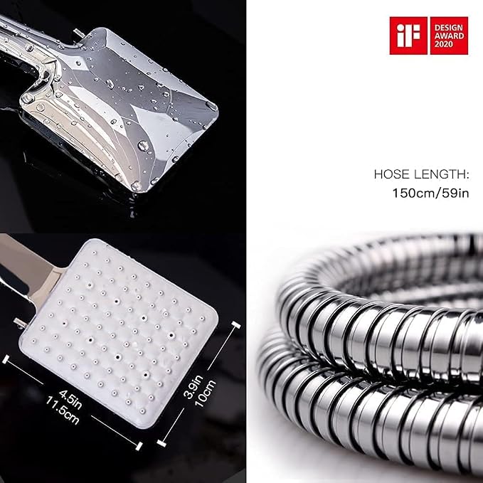 Newentor® Handheld High Pressure 6 Spray Modes/Settings Detachable Chrome Finish Square Shower Head with Stainless Steel Hose and Multi-Angle Adjustable Shower Stand