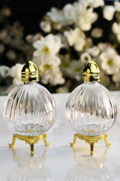 Decorative Glass Salt and Pepper Shakers, Globe Design, Gold-Silver Tone Metal Stand, Set of 2 (Gold)