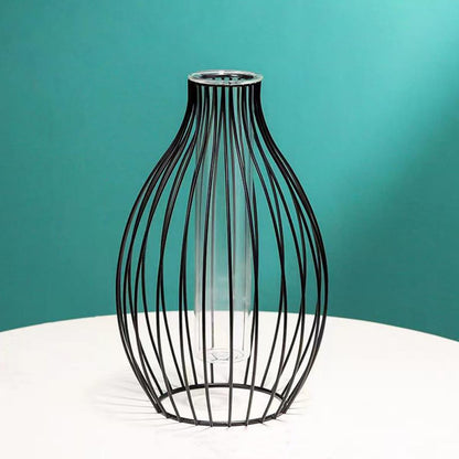 Garneck Geometric Iron Frame Vase with Small Glass Propagation Tubes, Hydroponic Planter for Home Décor, Nordic Style Desk Terrarium Plant Holder with Black Metal Stand