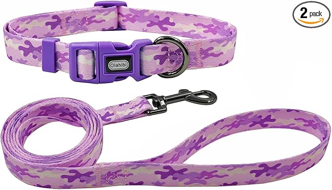 Dog Collar Leash Set, Camouflage Pattern, Polyester Material, Adjustable Collar and 5ft Matching Leash, for Medium Dogs.(M, Purple Camo)