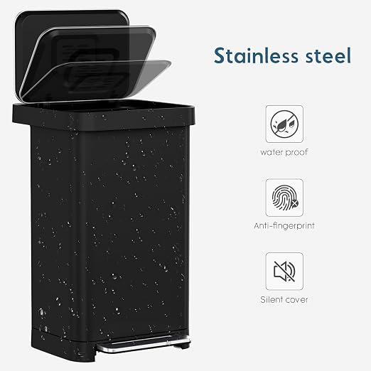 Arlopu 50L/13.2Gal Stainless Steel Trash Can W/15 Inner Bags & Rear Trash Bag Storage Compartment, Kitchen Step Trash Can with Lid & Built-in Deodorizer Box, Garbage Bin W/Foot Pedal (Black)