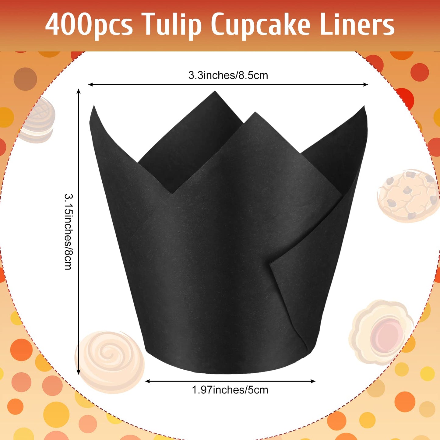 Funtery 400 Pcs Black Tulip Cupcake Liners for Baking Cups Standard Size Greaseproof Parchment Paper Tulip Muffin Liners Cupcake Wrappers for Weddings, Birthdays, Baby Showers, Parties(Black)