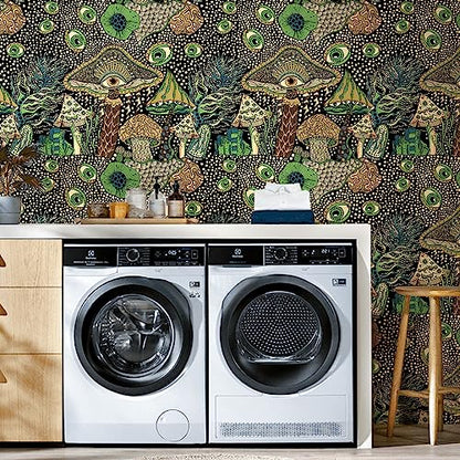 WENMER Peel and Stick Floral Boho Mushroom Wallpaper - Self Adhesive Contact Paper for Bedroom Bathroom 17.7in x 9.8ft