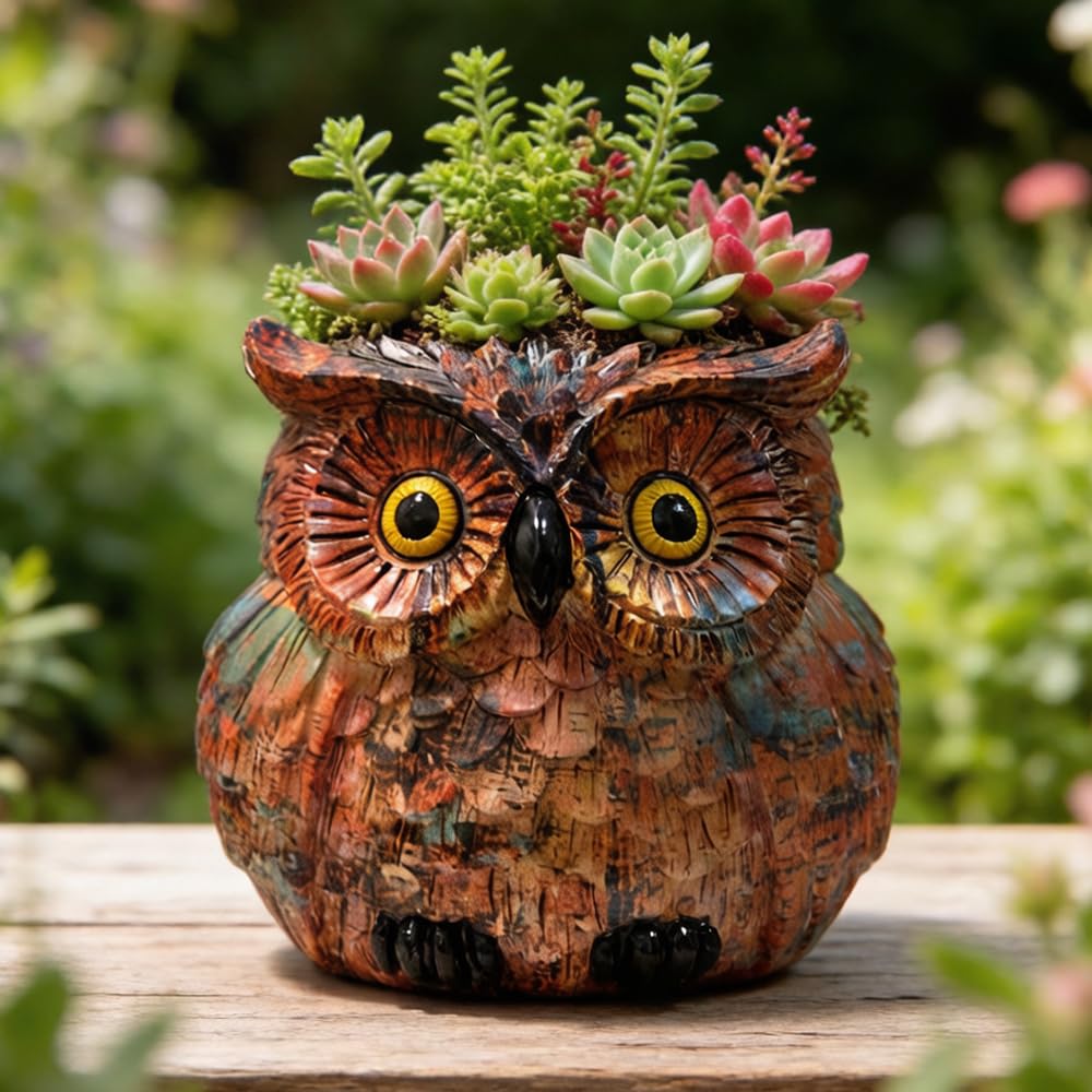 Owl Planter, Owl Plant Pot, Bird Figurine Flower Pots with Drainage for Succulent Cactus Small Herbs, Unique Makeup Brush Holder, Farmhouse Animal Statue for Home Office Decor, Garden Gifts for Women