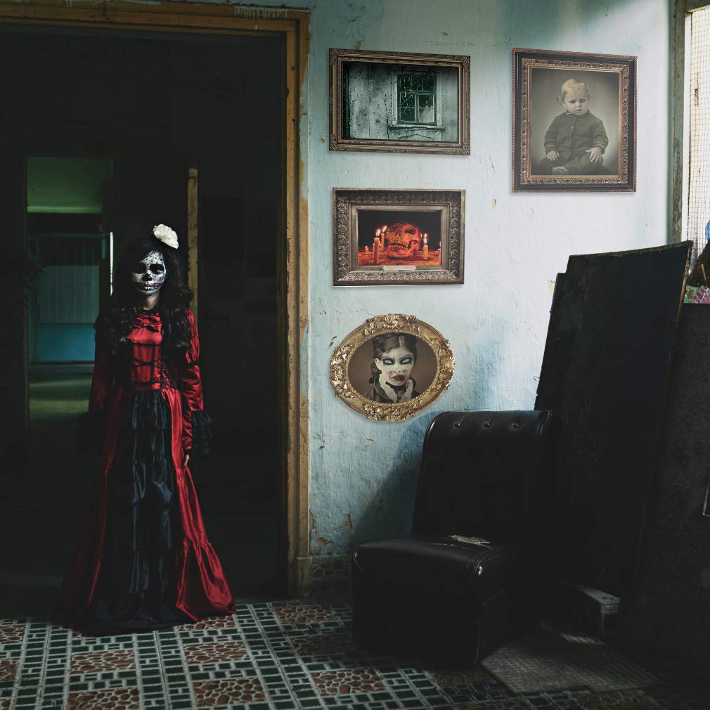 DUAIAI Halloween Decorations, 12 Pieces Laminated Halloween Gothic Decor Poster Frames Durable Haunted House Creepy Portraits Pictures Spooky Home Decor