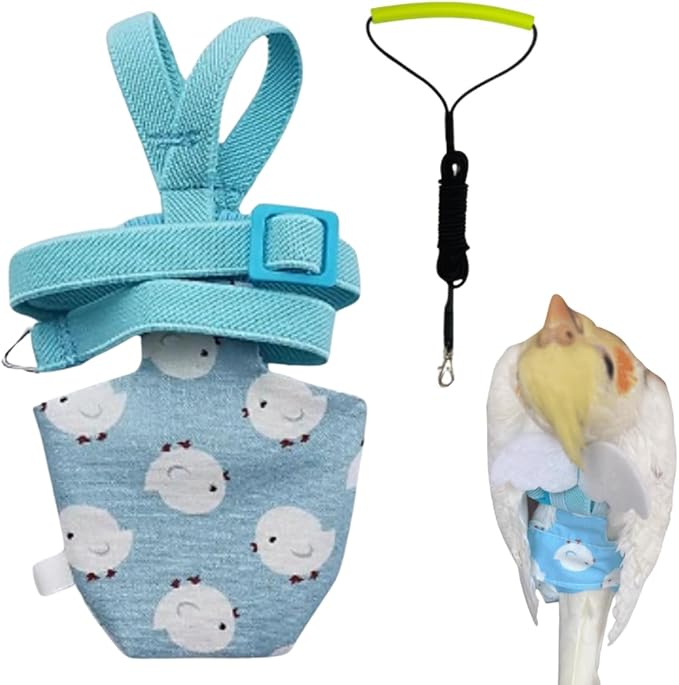 Adjustable Bird Diaper Harness Flight Suit Clothes with 80 Inch Flying Leash Rope for Parrots Conure Cockatiel (Blue,XS)
