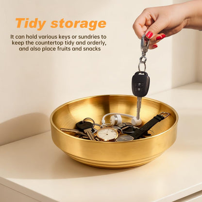 Qirvaten Gold Key Bowl, 7.4 Inches Decorative Bowls for Entryway Table with Coaster, Modern Key Holder Fruit Dish Catch All Bowl for Kitchen Counter Home Decor(Size: 7.4 Inches)