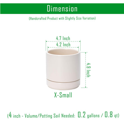 D'vine Dev Set of 4 Small Ceramic Plant Pots, 4.7 Inch Succulent Planter Pot for Plants with Drainage Hole and Saucer, Oatmeal, 94-X-B-8