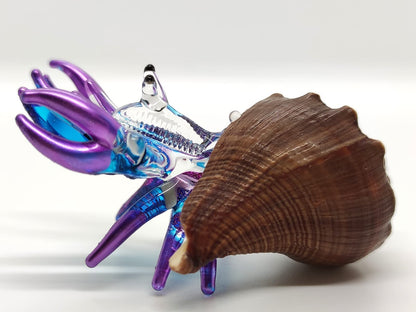 Sansukjai Seashell Hermit Crab Miniature Figurines Beach Animals Hand Blown Glass Art Collectible Gift Decorate - Brown Spiral Shell (Purple Blue)