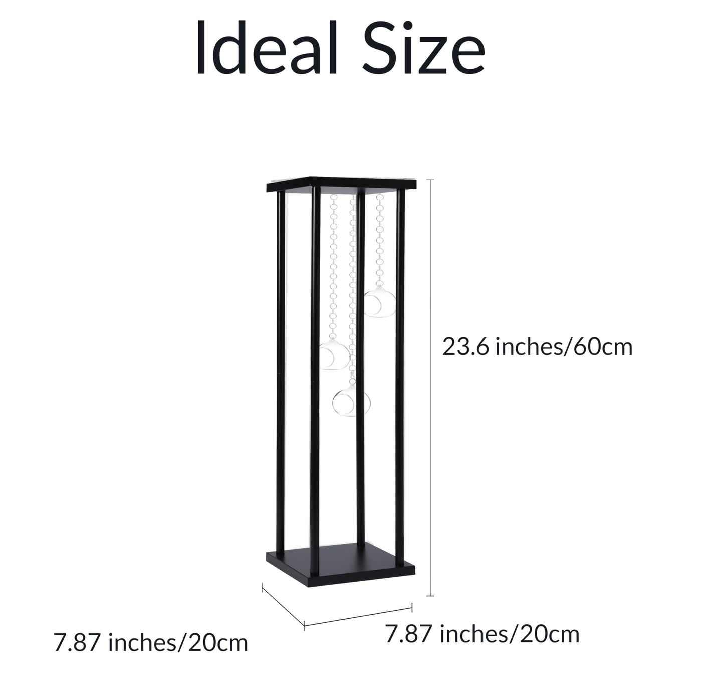Rectangular Metal Wedding Flower Stand Vase with Hanging Glass Globe Terrarium Tealight Candle Holder, Multifunctional Geometric Column Frame Centerpiece (Black, 2 Pcs 25.2'')
